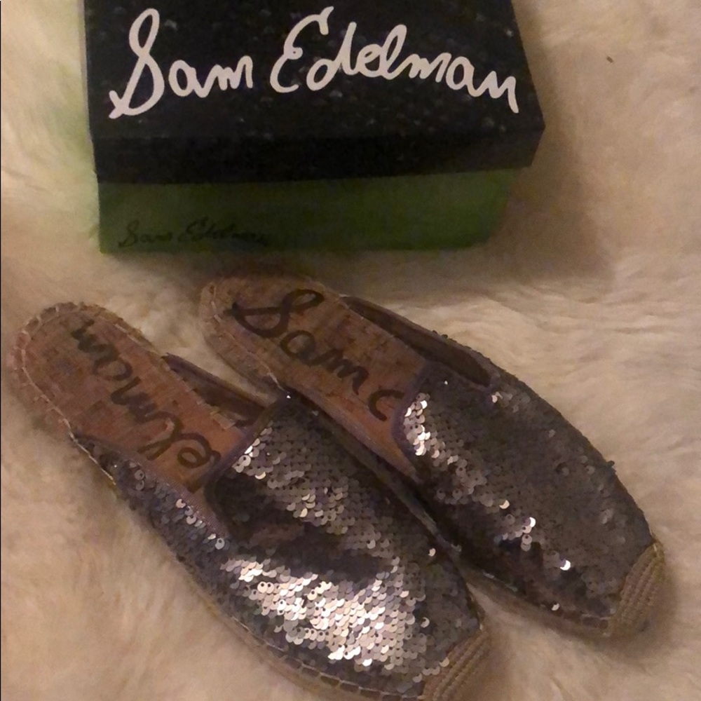 Sam Edelman Pewter Grey Sequin Espadrille Slides
